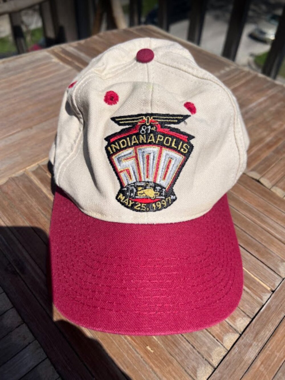Vintage 1997 Indianapolis 500 Racing Snapback Collectors Hat, Cream/Maroon